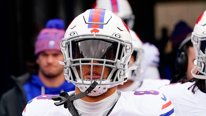 Nov 16, 2025; Orchard Park, New York, USA;  Buffalo Bills linebacker Terrel Bernard (8) warms up prior to the game against the Tampa Bay Buccaneers at Highmark Stadium. Mandatory Credit: Gregory Fisher-Imagn Images