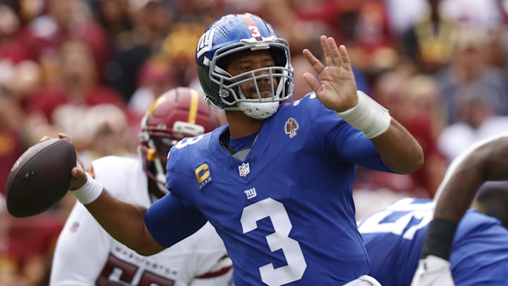 Sep 7, 2025; Landover, Maryland, USA; New York Giants quarterback Russell Wilson (3) makes a pass during the first quarter against the Washington Commanders at Northwest Stadium. Sep 7, 2025; Landover, Maryland, USA; New York Giants quarterback Russell Wilson (3) makes a pass during the first quarter against the Washington Commanders at Northwest Stadium.