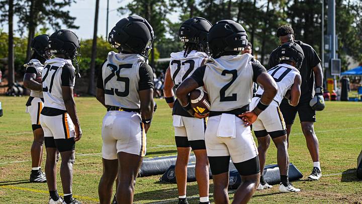 Southern Miss running backs go through fall camp drills. Southern Miss running backs go through fall camp drills.