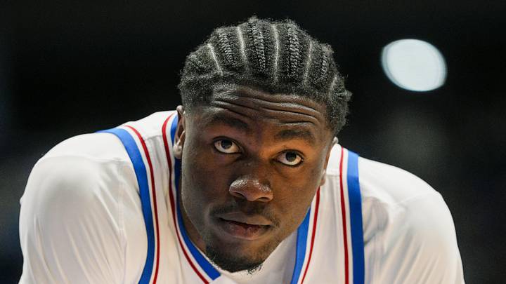 Kansas Jayhawks forward Flory Bidunga (40) reacts during the first half against the Fort Hays State Tigers at Allen Fieldhouse on October 28, 2025. Kansas Jayhawks forward Flory Bidunga (40) reacts during the first half against the Fort Hays State Tigers at Allen Fieldhouse on October 28, 2025.