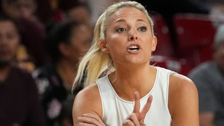 ASU Sun Devils head coach Molly Miller yells out to her team as they play the Coppin State Bald Eagles at Desert Financial Arena on Nov. 3, 2025.