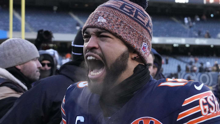 Dec 14, 2025; Chicago, Illinois, USA; Chicago Bears quarterback Caleb Williams (18) celebrates after defeating the Cleveland Browns at Soldier Field.