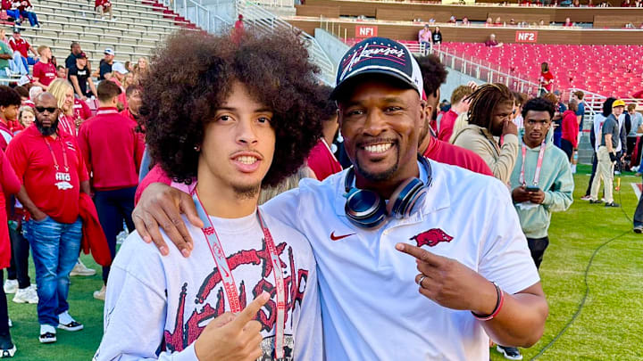 Arkansas Razorbacks safety commit Tay Lockett stands with defensive coordinator Travis Williams prior to a game against LSU during 2024 season. Arkansas Razorbacks safety commit Tay Lockett stands with defensive coordinator Travis Williams prior to a game against LSU during 2024 season.