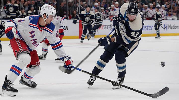 Oct 17, 2026; Columbus, Ohio, USA; New York Rangers defenseman Braden Schneider (4) tips the puck away from Columbus Blue Jackets right wing Valeri Nichushkin (43) during the second period at Nationwide Arena. Mandatory Credit: Russell LaBounty-Imagn Images Oct 17, 2026; Columbus, Ohio, USA; New York Rangers defenseman Braden Schneider (4) tips the puck away from Columbus Blue Jackets right wing Valeri Nichushkin (43) during the second period at Nationwide Arena. Mandatory Credit: Russell LaBounty-Imagn Images