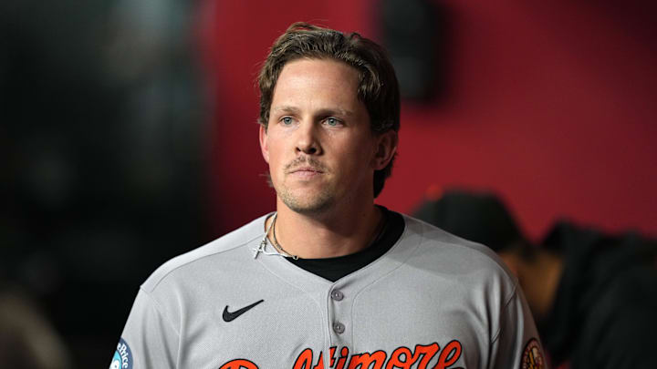 Apr 8, 2025; Phoenix, Arizona, USA; Baltimore Orioles catcher Adley Rutschman (35) looks on against the Arizona Diamondbacks during the fourth inning at Chase Field. Mandatory Credit: Joe Camporeale-Imagn Images