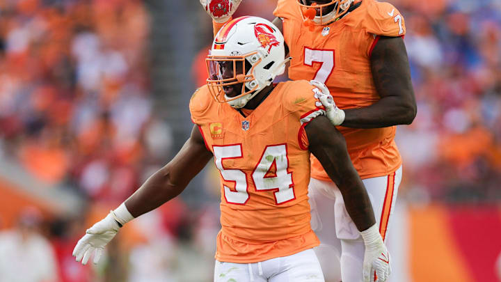 Tampa Bay Buccaneers linebacker Lavonte David celebrates with linebacker Shaquil Barrett after sacking Detroit Lions quarterback Jared Goff.