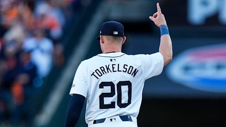 Detroit Tigers first base Spencer Torkelson (20) celebrates a play against Cleveland Guardians during the ninth inning at Game 3 of ALDS at Comerica Park in Detroit on Wednesday, Oct. 9, 2024 Detroit Tigers first base Spencer Torkelson (20) celebrates a play against Cleveland Guardians during the ninth inning at Game 3 of ALDS at Comerica Park in Detroit on Wednesday, Oct. 9, 2024