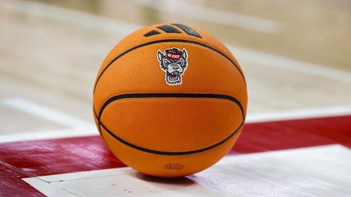 Jan 17, 2026; Raleigh, North Carolina, USA; NC State Wolfpack ball during the second half of the game against the Georgia Tech Yellow Jackets at the Lenovo Center. Mandatory Credit: Jaylynn Nash-Imagn Images