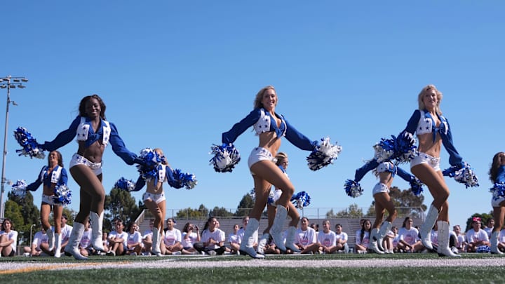 Dallas Cowboys cheerleaders perform at youth clinic at Channel Islands High School. Dallas Cowboys cheerleaders perform at youth clinic at Channel Islands High School.