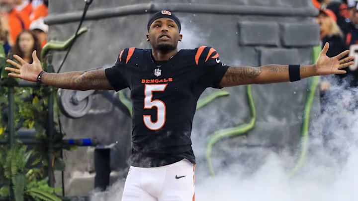 Dec 28, 2024; Cincinnati, Ohio, USA; Cincinnati Bengals wide receiver Tee Higgins (5) runs onto the field before the game against the Denver Broncos at Paycor Stadium. Mandatory Credit: Katie Stratman-Imagn Images