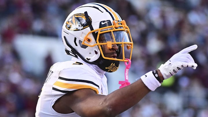 Nov 23, 2024; Starkville, Mississippi, USA; Missouri Tigers wide receiver Luther Burden III (3) reacts after a touchdown against the Mississippi State Bulldogs during the second quarter at Davis Wade Stadium at Scott Field. Mandatory Credit: Matt Bush-Imagn Images Nov 23, 2024; Starkville, Mississippi, USA; Missouri Tigers wide receiver Luther Burden III (3) reacts after a touchdown against the Mississippi State Bulldogs during the second quarter at Davis Wade Stadium at Scott Field. Mandatory Credit: Matt Bush-Imagn Images