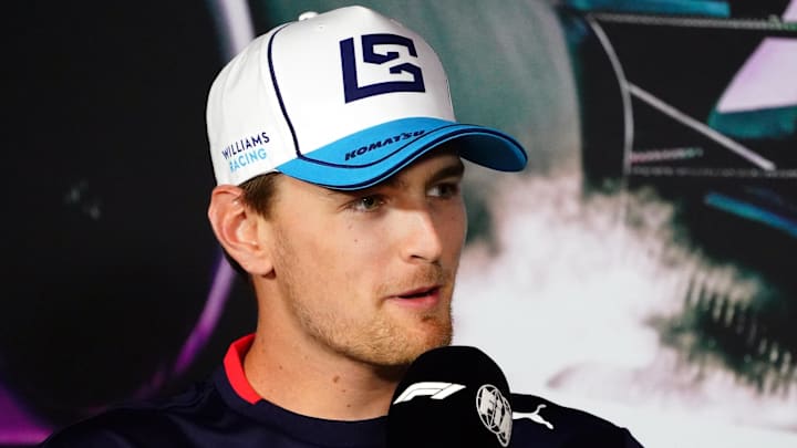 May 2, 2024; Miami Gardens, Florida, USA;  Williams driver Logan Sargeant (2) addresses the media in advance of the Miami Grand Prix at the Miami International Autodrome. Mandatory Credit: John David Mercer-USA TODAY Sports