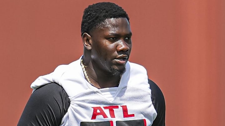 May 10, 2024; Flowery Branch, GA, USA; Atlanta Falcons defensive lineman Ruke Orhorhoro (98) shown on the field during Rookie Minicamp at the Falcons Training Camp. Mandatory Credit: Dale Zanine-Imagn Images