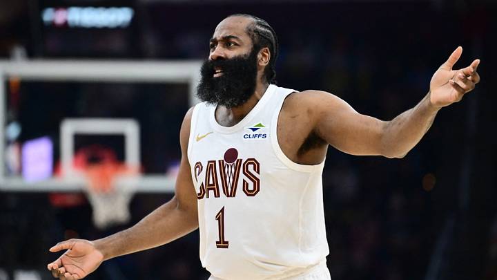 Cleveland Cavaliers guard James Harden (1) reacts after a play during the second half against the Philadelphia 76ers at Rocket Arena. Mandatory Credit: Ken Blaze-Imagn Images Cleveland Cavaliers guard James Harden (1) reacts after a play during the second half against the Philadelphia 76ers at Rocket Arena. Mandatory Credit: Ken Blaze-Imagn Images