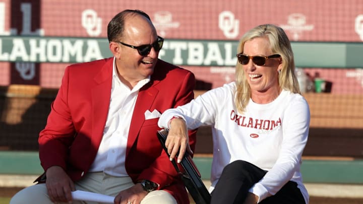 University of Oklahoma Athletic Director Joe Castiglione and head coach Patty Gasso watch a highlight video as fans, players, coaches and officials celebrate another National Championship for the University of Oklahoma (OU) Sooner Women  s Softball team on June 10, 2023 at Marita Hynes Field in Norman, Okla.  