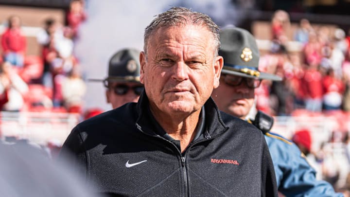 Arkansas Razorbacks coach Sam Pittman at game against the Texas Longhorns at Razorback Stadium in Fayetteville, Ark.