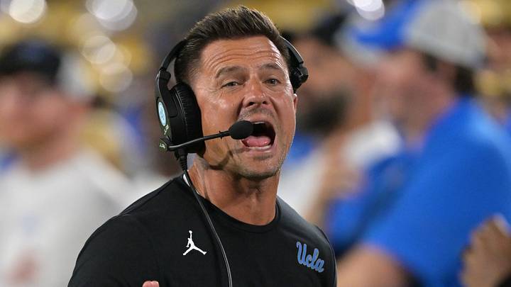 Oct 17, 2026; Pasadena, California, USA;  UCLA Bruins head coach Bob Chesney on the sidelines in the second half against the Wisconsin Badgers at the Rose Bowl. Mandatory Credit: Jayne Kamin-Oncea-Imagn Images