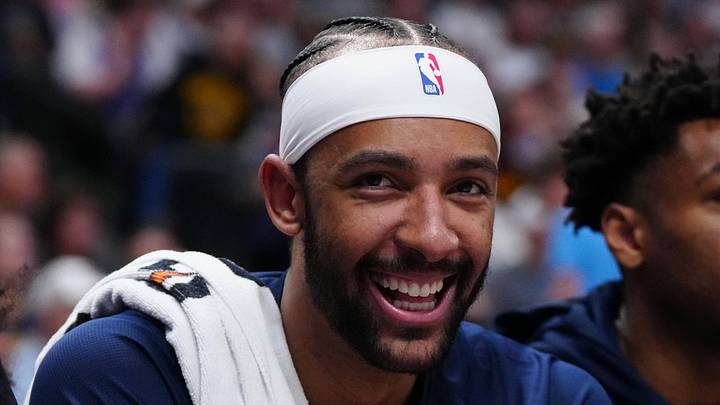 Mar 22, 2026; Denver, Colorado, USA; Denver Nuggets forward Zeke Nnaji (22) reacts from the bench in the second quarter against the Portland Trail Blazers at Ball Arena. Mandatory Credit: Ron Chenoy-Imagn Images