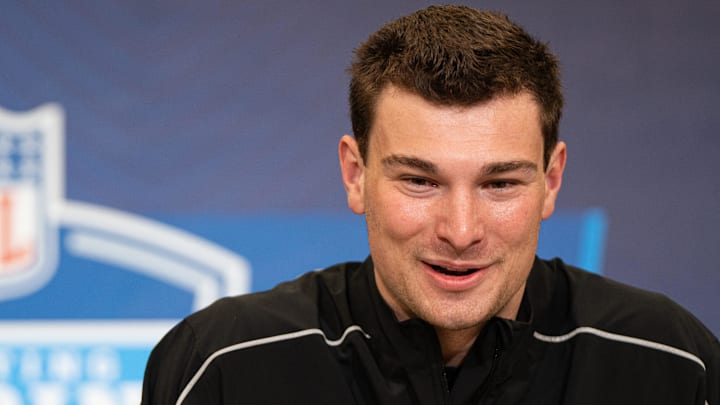 Feb 27, 2026; Indianapolis, IN, USA; Indiana quarterback Fernando Mendoza (QB11) speaks to members of the media during the NFL Combine at the Indiana Convention Center. Mandatory Credit: Jacob Musselman-Imagn Images