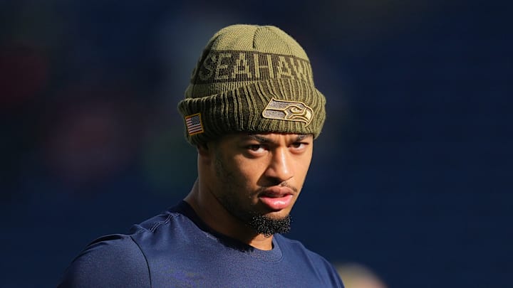 Jaxon Smith-Njigba of the Seattle Seahawks stares
