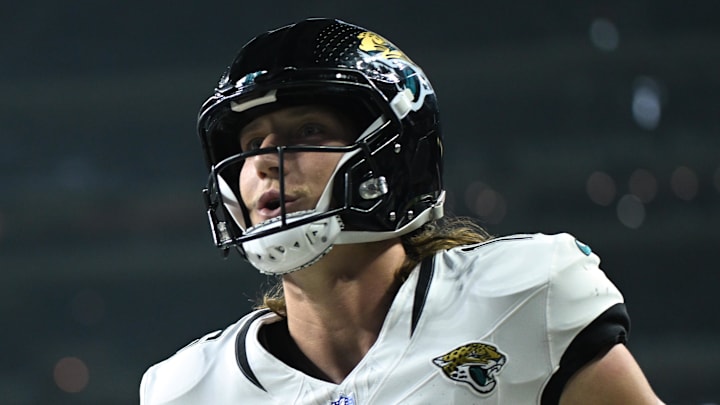 Dec 28, 2025; Indianapolis, Indiana, USA; Jacksonville Jaguars quarterback Trevor Lawrence (16) celebrates after a touchdown against the Indianapolis Colts during the first half at Lucas Oil Stadium. Dec 28, 2025; Indianapolis, Indiana, USA; Jacksonville Jaguars quarterback Trevor Lawrence (16) celebrates after a touchdown against the Indianapolis Colts during the first half at Lucas Oil Stadium.