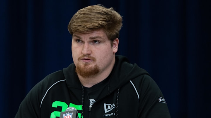 Michigan State offensive lineman Matt Gulbin (OL25) speaks to members of the media during the NFL Combine at the Indiana Convention Center. Mandatory Credit: Jacob Musselman-Imagn Images