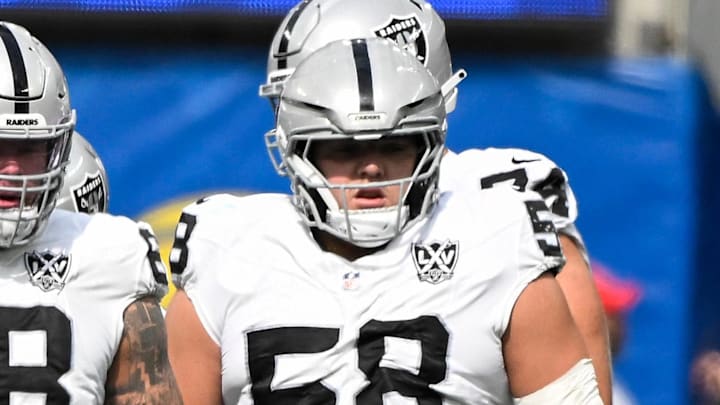 Oct 20, 2024; Inglewood, California, USA; Las Vegas Raiders linemen Jordan Meredith (61), Andre James (68) and Jackson Powers-Johnson (58) during an NFL game against the Los Angeles Rams at SoFi Stadium. Mandatory Credit: Robert Hanashiro-Imagn Images Oct 20, 2024; Inglewood, California, USA; Las Vegas Raiders linemen Jordan Meredith (61), Andre James (68) and Jackson Powers-Johnson (58) during an NFL game against the Los Angeles Rams at SoFi Stadium. Mandatory Credit: Robert Hanashiro-Imagn Images