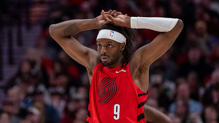 Oct 23, 2024; Portland, Oregon, USA;  Portland Trailblazers shooting forward Jerami Grant (9) reacts during the second half against the Golden State Warriors at Moda Center. Mandatory Credit: Stephen Brashear-Imagn Images