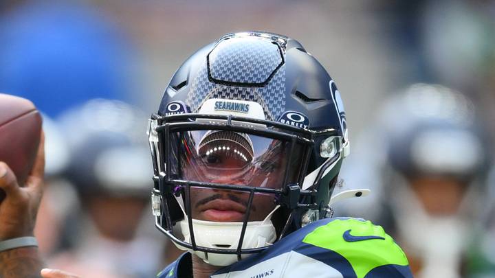 Seattle Seahawks quarterback Jalen Milroe passes the ball during warm-ups