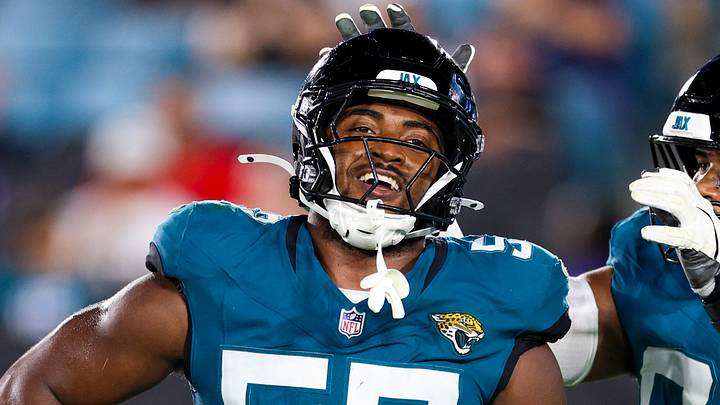 Aug 28, 2026; Jacksonville, Florida, USA; Jacksonville Jaguars defensive end Bryan Thomas Jr. (57) reacts with tight end Hunter Long (84) and defensive tackle Jalen Hunt (96) after a sack against the Tampa Bay Buccaneers in the third quarter during preseason at EverBank Stadium. Aug 28, 2026; Jacksonville, Florida, USA; Jacksonville Jaguars defensive end Bryan Thomas Jr. (57) reacts with tight end Hunter Long (84) and defensive tackle Jalen Hunt (96) after a sack against the Tampa Bay Buccaneers in the third quarter during preseason at EverBank Stadium.