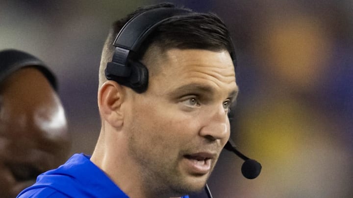 Jan 13, 2025; Glendale, AZ, USA; Los Angeles Rams defensive coordinator Chris Shula against the Minnesota Vikings during an NFC wild card game at State Farm Stadium. Mandatory Credit: Mark J. Rebilas-Imagn Images