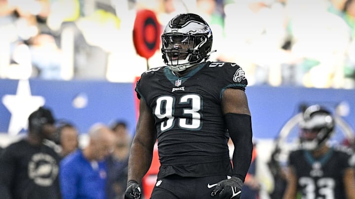Dec 24, 2022; Arlington, Texas, USA; Philadelphia Eagles defensive tackle Milton Williams (93) celebrates during the game between the Dallas Cowboys and the Philadelphia Eagles at AT&T Stadium. Mandatory Credit: Jerome Miron-Imagn Images