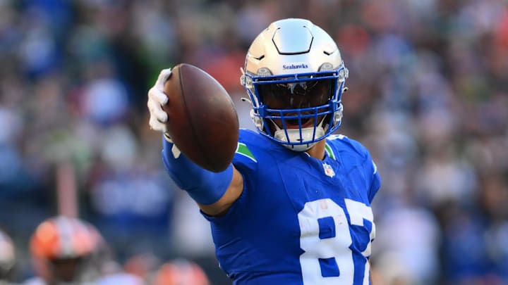Oct 29, 2023; Seattle, Washington, USA; Seattle Seahawks tight end Noah Fant (87) celebrates after getting a first down against the Cleveland Browns during the second half at Lumen Field. Mandatory Credit: Steven Bisig-Imagn Images Oct 29, 2023; Seattle, Washington, USA; Seattle Seahawks tight end Noah Fant (87) celebrates after getting a first down against the Cleveland Browns during the second half at Lumen Field. Mandatory Credit: Steven Bisig-Imagn Images