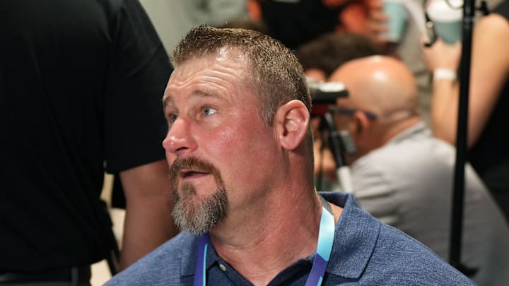 Detroit Lions head coach Dan Campbell answers questions from the media during the NFL Annual League Meeting Detroit Lions head coach Dan Campbell answers questions from the media during the NFL Annual League Meeting