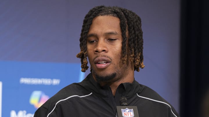 Feb 26, 2026; Indianapolis, IN, USA; Arizona State defensive back Keith Abney II (DB01) speaks to members of the media during the NFL Combine at the Indiana Convention Center. Mandatory Credit: Jacob Musselman-Imagn Images Feb 26, 2026; Indianapolis, IN, USA; Arizona State defensive back Keith Abney II (DB01) speaks to members of the media during the NFL Combine at the Indiana Convention Center. Mandatory Credit: Jacob Musselman-Imagn Images