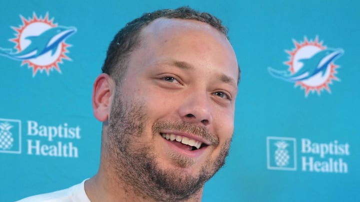 Nov 2, 2023; Frankfurt, Germany; Miami Dolphins fullback Alec Ingold at press conference at the PSD Bank Arena. Mandatory Credit: Kirby Lee-Imagn Images