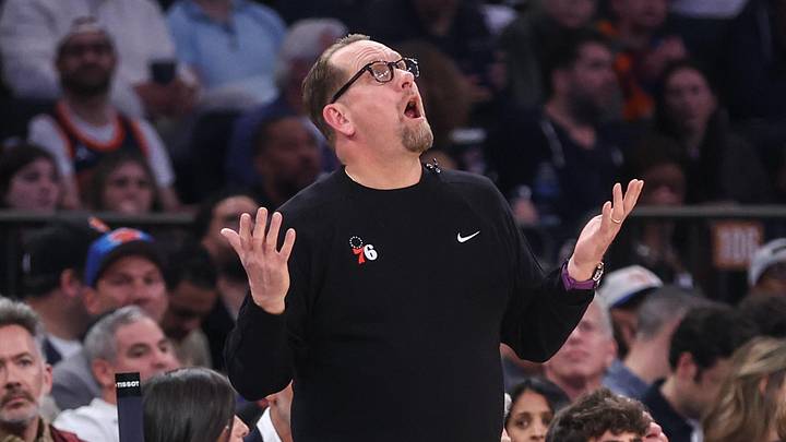 May 6, 2026; New York, New York, USA; Philadelphia 76ers head coach Nick Nurse reacts to a call against the New York Knicks during game five of the second round of the 2026 NBA Playoffs at Madison Square Garden. Mandatory Credit: Wendell Cruz-Imagn Images May 6, 2026; New York, New York, USA; Philadelphia 76ers head coach Nick Nurse reacts to a call against the New York Knicks during game five of the second round of the 2026 NBA Playoffs at Madison Square Garden. Mandatory Credit: Wendell Cruz-Imagn Images