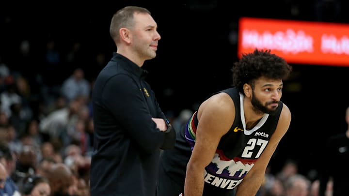 Nov 24, 2025; Memphis, Tennessee, USA; Denver Nuggets head coach David Adelman and guard Jamal Murray (27) looks on during the fourth quarter against the Memphis Grizzlies at FedExForum. Nov 24, 2025; Memphis, Tennessee, USA; Denver Nuggets head coach David Adelman and guard Jamal Murray (27) looks on during the fourth quarter against the Memphis Grizzlies at FedExForum.