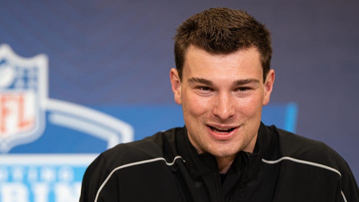 Feb 27, 2026; Indianapolis, IN, USA; Indiana quarterback Fernando Mendoza (QB11) speaks to members of the media during the NFL Combine at the Indiana Convention Center. Mandatory Credit: Jacob Musselman-Imagn Images