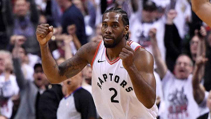 May 12, 2019; Toronto, Ontario, CAN; Toronto Raptors forward Kawhi Leonard (2) reacts after making a basket against the Philadelphia 76ers in game seven of the second round of the 2019 NBA Playoffs at Scotiabank Arena. Mandatory Credit: Dan Hamilton-USA TODAY Sports May 12, 2019; Toronto, Ontario, CAN; Toronto Raptors forward Kawhi Leonard (2) reacts after making a basket against the Philadelphia 76ers in game seven of the second round of the 2019 NBA Playoffs at Scotiabank Arena. Mandatory Credit: Dan Hamilton-USA TODAY Sports