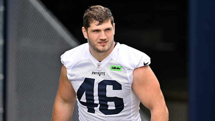 Jun 9, 2025; Foxborough, MA, USA; New England Patriots fullback Brock Lampe (46) walks to the practice fields at Gillette Stadium. Mandatory Credit: Eric Canha-Imagn Images