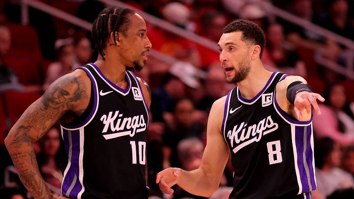 Mar 1, 2025; Houston, Texas, USA; Sacramento Kings forward DeMar DeRozan (10) talks with guard Zach LaVine (8) during a timeout against the Houston Rockets during the third quarter at Toyota Center. Mandatory Credit: Erik Williams-Imagn Images