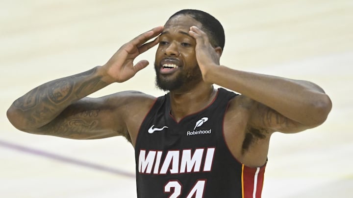 Apr 23, 2025; Cleveland, Ohio, USA; Miami Heat forward Haywood Highsmith (24) reacts in the fourth quarter of game two of the first round of the 2025 NBA Playoffs against the Cleveland Cavaliers at Rocket Arena. Mandatory Credit: David Richard-Imagn Images