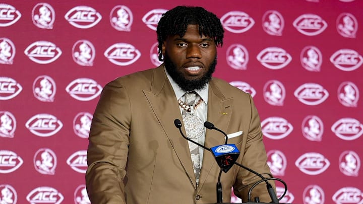 Jul 23, 2025; Charlotte, NC, USA; FSU defenseve lineman Darrell Jackson Jr.answers questions from the media during ACC Media days at Hilton Charlotte Uptown. Mandatory Credit: Jim Dedmon-Imagn Images