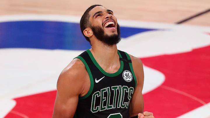 Sep 11, 2020; Lake Buena Vista, Florida, USA; Boston Celtics forward Jayson Tatum (0) celebrates after defeating the Toronto Raptors in game seven of the second round of the 2020 NBA Playoffs at ESPN Wide World of Sports Complex. Mandatory Credit: Kim Klement-USA TODAY Sports