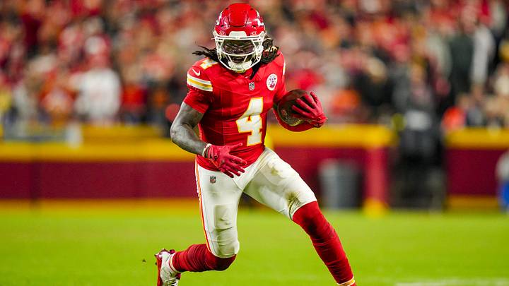 Kansas City Chiefs wide receiver Rashee Rice (4) runs with the ball during the second half against the Washington Commanders at GEHA Field at Arrowhead Stadium. Kansas City Chiefs wide receiver Rashee Rice (4) runs with the ball during the second half against the Washington Commanders at GEHA Field at Arrowhead Stadium.