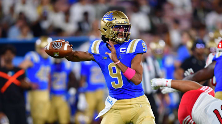 Aug 30, 2025; Pasadena, California, USA; UCLA Bruins quarterback Nico Iamaleava (9) throws against the against the Utah Utes during the first half at the Rose Bowl. Mandatory Credit: Gary A. Vasquez-Imagn Images Aug 30, 2025; Pasadena, California, USA; UCLA Bruins quarterback Nico Iamaleava (9) throws against the against the Utah Utes during the first half at the Rose Bowl. Mandatory Credit: Gary A. Vasquez-Imagn Images