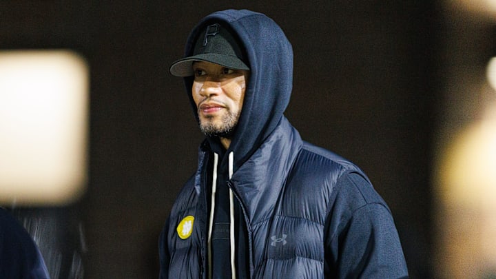 Notre Dame football head coach Marcus Freeman looks on during the IHSAA Class 6A, Sectional 1 championship game between Penn and Crown Point at Penn High School on Friday, Nov. 7, 2025, in Mishawaka.