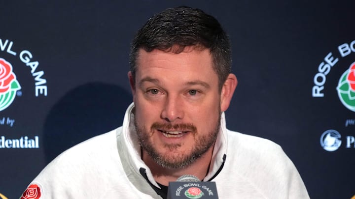 Dec 30, 2024; Los Angeles, CA, USA; Oregon Ducks head coach Dan Lanning during Rose Bowl media day at Sheraton Grand LA. Mandatory Credit: Kirby Lee-Imagn Images