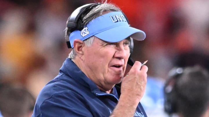 Oct 31, 2025; Syracuse, New York, USA; North Carolina Tar Heels head coach Bill Belichick on the sidelines in the second quarter against the Syracuse Orange at the JMA Wireless Dome. Mandatory Credit: Mark Konezny-Imagn Images